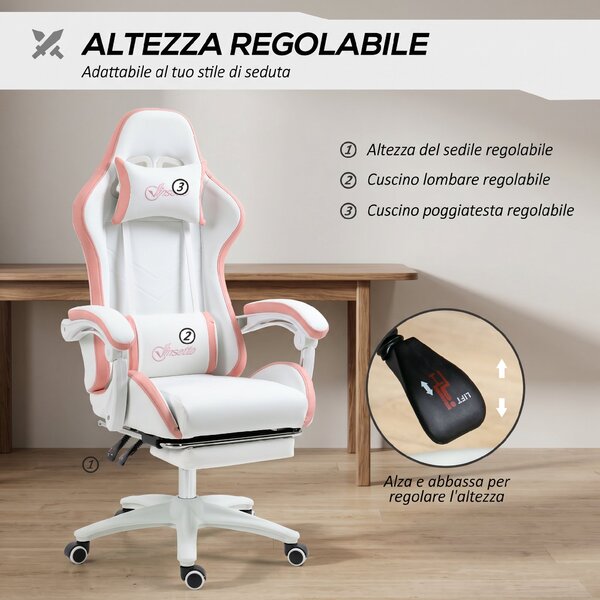 Vinsetto Sedia da Gaming con Altezza Regolabile e Schienale Reclinabile, 65x65x121-129 cm, Bianco e Rosa | Aosom Italy