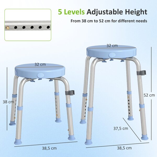 HOMCOM Sgabello da Doccia Girevole, 5 Altezza Regolabile, Antiscivolo, in Lega di Alluminio, Portata 136kg, Celeste | Aosom Italy