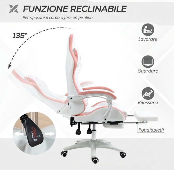 Vinsetto Sedia da Gaming con Altezza Regolabile e Schienale Reclinabile, 65x65x121-129 cm, Bianco e Rosa | Aosom Italy