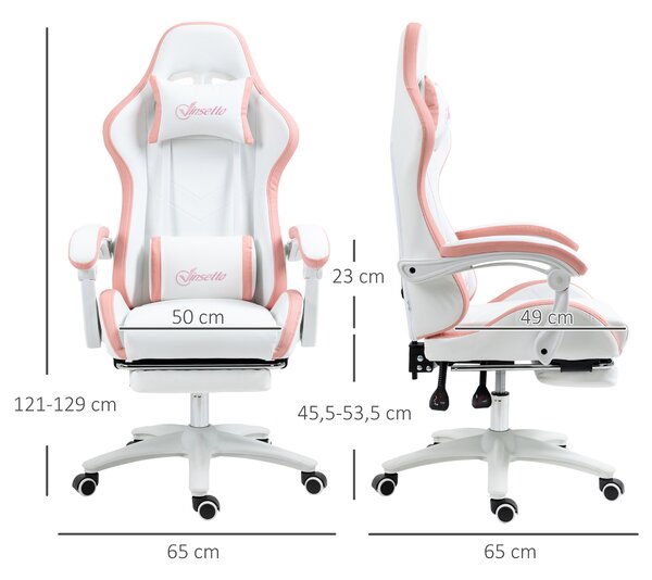 Vinsetto Sedia da Gaming con Altezza Regolabile e Schienale Reclinabile, 65x65x121-129 cm, Bianco e Rosa | Aosom Italy