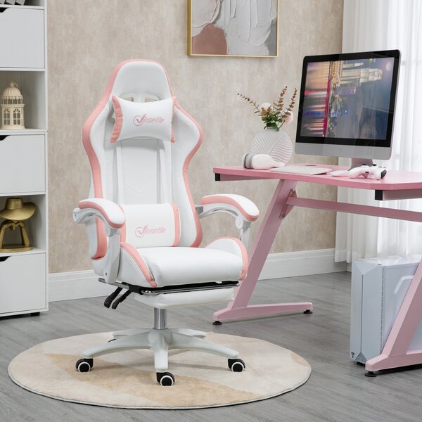 Vinsetto Sedia da Gaming con Altezza Regolabile e Schienale Reclinabile, 65x65x121-129 cm, Bianco e Rosa | Aosom Italy