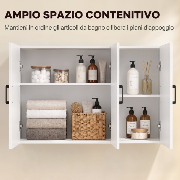 HOMCOM Mobile Bagno da Parete con 3 Ante, Ripiano Regolabile, per Soggiorno e Ingresso, Salvaspazio, 90x30x60 cm, Bianco | Aosom Italy