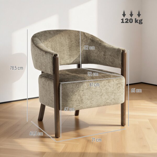 HOMCOM Poltrona d'accento, poltrona imbottita in chenille con struttura e gambe in legno massello, Marrone chiaro | Aosom Italy