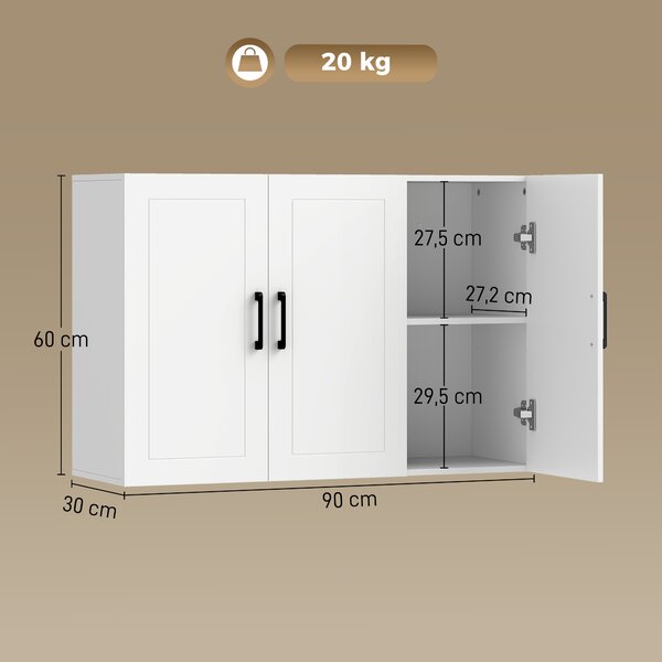 HOMCOM Mobile Bagno da Parete con 3 Ante, Ripiano Regolabile, per Soggiorno e Ingresso, Salvaspazio, 90x30x60 cm, Bianco | Aosom Italy