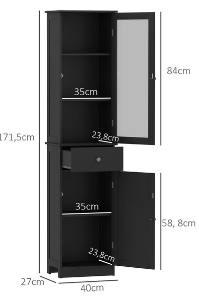 Kleankin Mobile Colonna Bagno Salvaspazio con Armadietto, Cassetto e Ripiani in MDF, 40x27x171.5cm, Nero | Aosom Italy