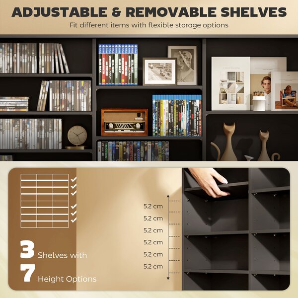 HOMCOM Mobile Porta CD a 8 Livelli con 18 Ripiani Regolabili, 1032 CD/594 DVD/Blu-ray Salvaspazio, con 24 Scomparti, 145x24x126.3 cm, Nero | Aosom Italy