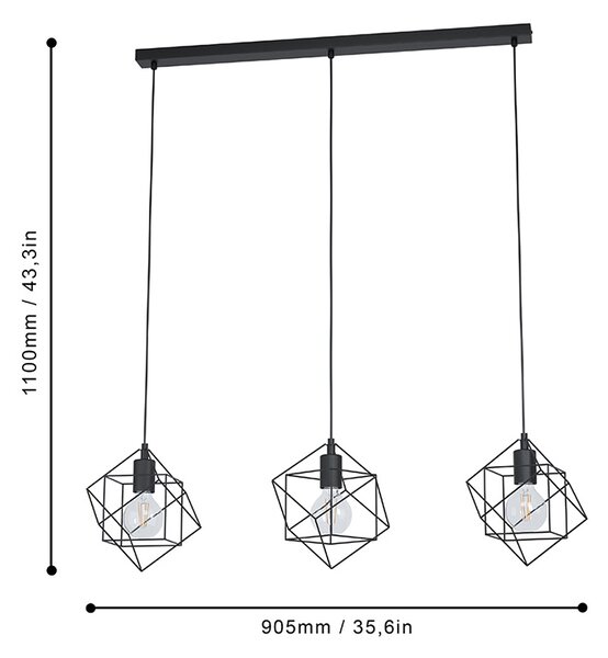 Lampadario Industrial Straiton 3 Luci Acciaio Nero