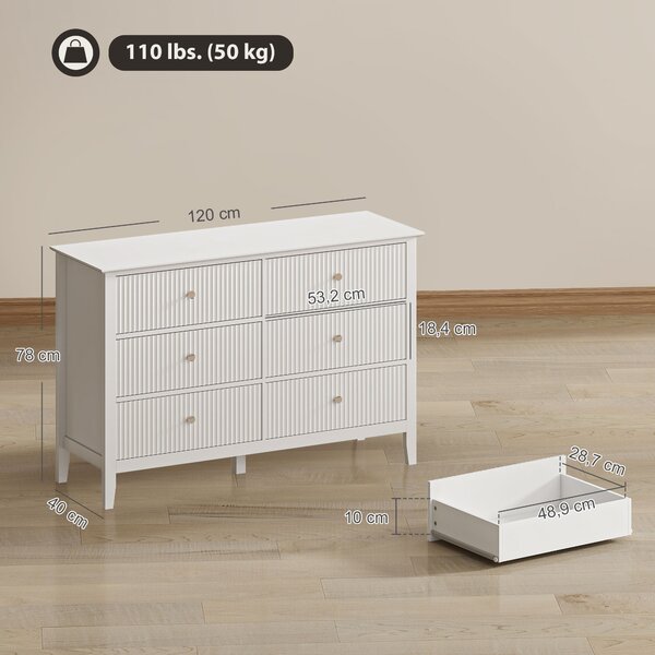 HOMCOM Cassettiera Camera da Letto Scanalato con 6 Cassetti, Maniglie e 5 Gambe per Corridoio Soggiorno Ingresso, Bianco | Aosom Italy