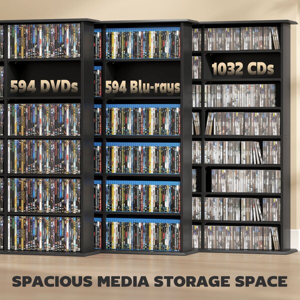 HOMCOM Mobile Porta CD a 8 Livelli con 18 Ripiani Regolabili, 1032 CD/594 DVD/Blu-ray Salvaspazio, con 24 Scomparti, 145x24x126.3 cm, Nero | Aosom Italy