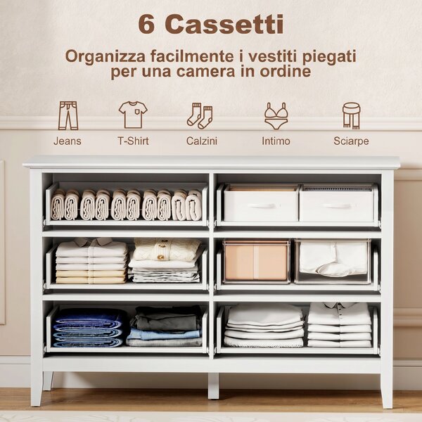 HOMCOM Cassettiera Camera da Letto Scanalato con 6 Cassetti, Maniglie e 5 Gambe per Corridoio Soggiorno Ingresso, Bianco | Aosom Italy