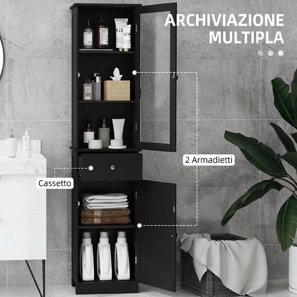 Kleankin Mobile Colonna Bagno Salvaspazio con Armadietto, Cassetto e Ripiani in MDF, 40x27x171.5cm, Nero | Aosom Italy