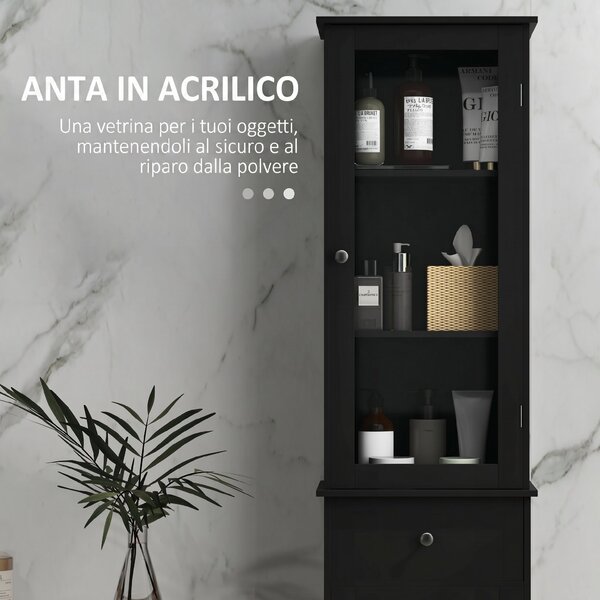 Kleankin Mobile Colonna Bagno Salvaspazio con Armadietto, Cassetto e Ripiani in MDF, 40x27x171.5cm, Nero | Aosom Italy