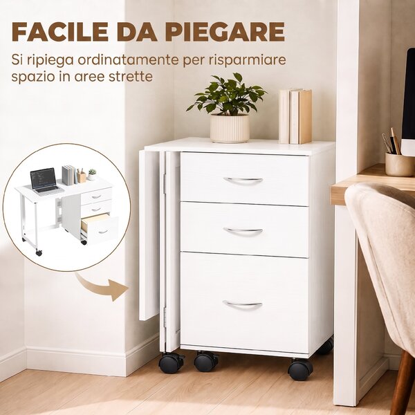 HOMCOM Scrivania Ufficio Pieghevole con 3 Cassetti, 4 Ruote con Freno, Bianco | Aosom Italy
