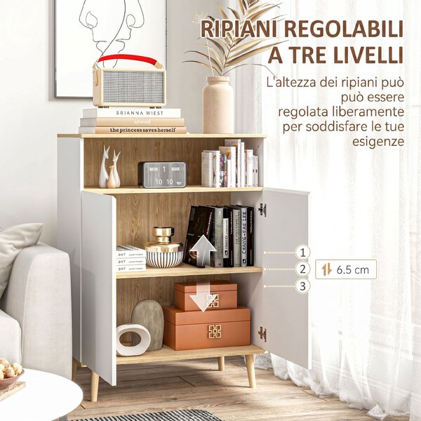 HOMCOM Credenza Cucina Scandinava con 2 Ante, Ripiano Regolabile, Gambe in Legno di Pino, 80x38x102 cm, Bianco e Rovere | Aosom Italy