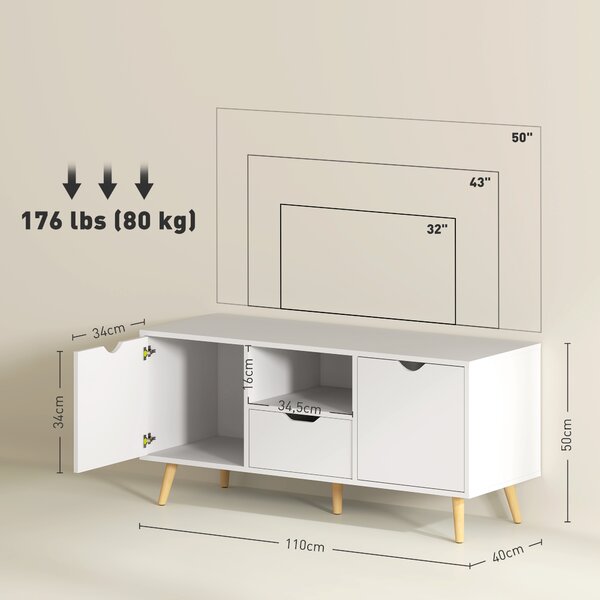 HOMCOM Mobile Porta TV max 50" con Cassetto, Ripiano Aperto e Armadietti, 110x40x50 cm, Bianco e Legno