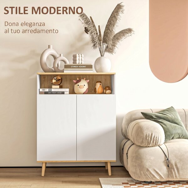 HOMCOM Credenza Cucina Scandinava con 2 Ante, Ripiano Regolabile, Gambe in Legno di Pino, 80x38x102 cm, Bianco e Rovere | Aosom Italy
