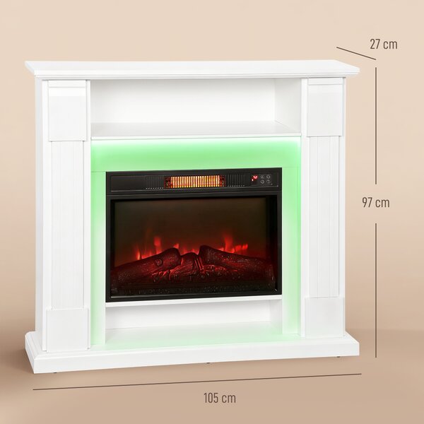 HOMCOM Camino Elettrico 1800W Regolabile con Fiamma 3D, Ripiano, Timer e Telecomando, 105x27x97 cm, Bianco | Aosom Italy