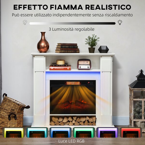 HOMCOM Camino Elettrico 1800W Regolabile con Fiamma 3D, Ripiano, Timer e Telecomando, 105x27x97 cm, Bianco | Aosom Italy
