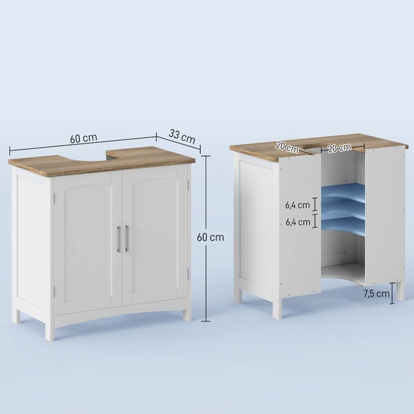 Kleankin Mobile Sotto Lavabo Bagno con 2 Ante e Ripiano Regolabile, 60x33x60cm, Legno e Bianco | Aosom Italy