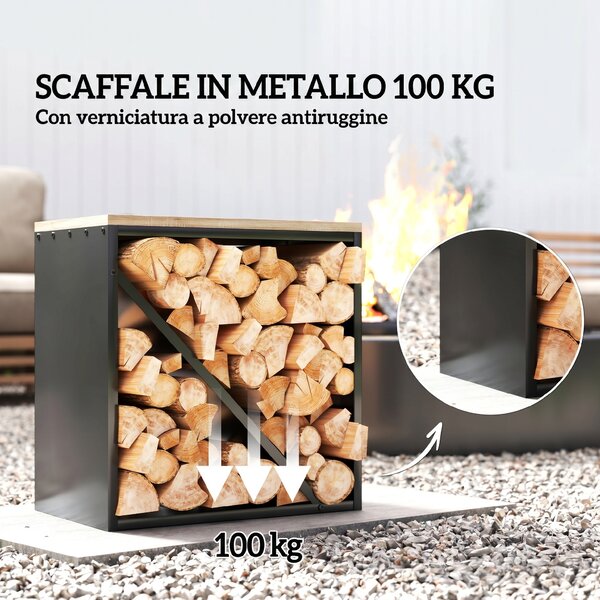 Outsunny Portalegna da Interno 2 in 1, Supporto per Legna Rialzato con Divisorio, Porta Legna per Interni per Caminetti, 58x36x60 cm, Nero | Aosom Italy