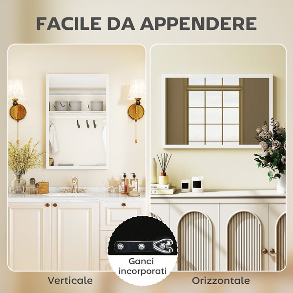 HOMCOM Specchio da Parete Rettangolare con Ganci, Specchio a Muro in Vetro e MDF, 40x60 cm, Bianco | Aosom Italy