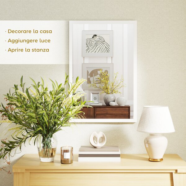 HOMCOM Specchio da Parete Rettangolare con Ganci, Specchio a Muro in Vetro e MDF, 40x60 cm, Bianco | Aosom Italy