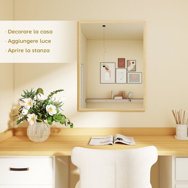 HOMCOM Specchio da Parete Rettangolare con Ganci, in Vetro e MDF, 60x80 cm, Color Legno | Aosom Italy
