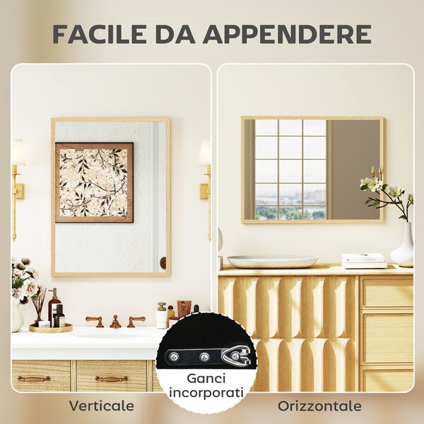 HOMCOM Specchio da Parete Rettangolare con Ganci, in Vetro e MDF, 60x80 cm, Color Legno | Aosom Italy