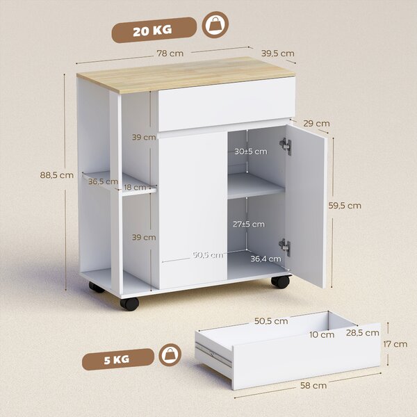 HOMCOM Carrello Cucina con Cassetto, Armadietto e 2 Ripiani Laterali, in Legno, 78x39.5x88.5 cm, Bianco e Rovere | Aosom Italy