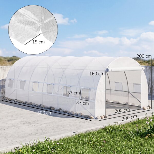Outsunny Telo per Serra in PE con 12 Finestre, Porta Avvolgibile e Bordi Interrati, 6x3x2 m, Bianco | Aosom Italy
