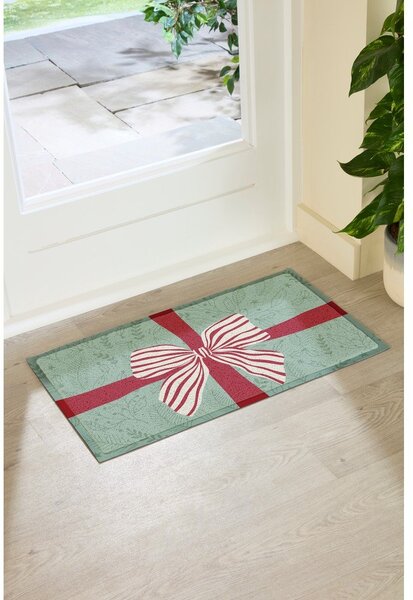 Zerbino in plastica riciclata a tema natalizio 40x70 cm Red & White Stripe Bow – Artsy Doormats