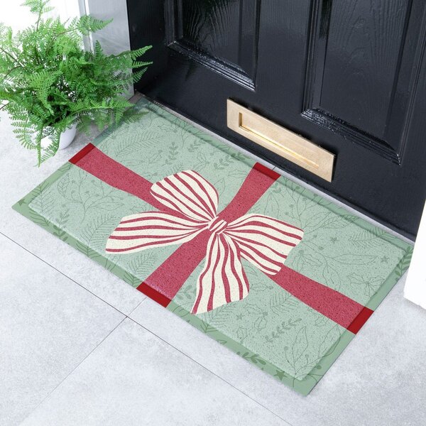 Zerbino in plastica riciclata a tema natalizio 40x70 cm Red & White Stripe Bow – Artsy Doormats