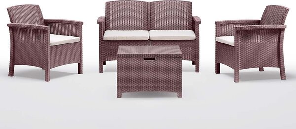 Salotto da giardino 4 posti in wicker stampato con cuscini e tavolino contenitore Friuli - Tan