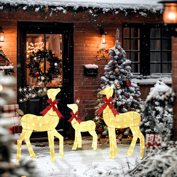 Outsunny Set di 3 Pezzi Decorazione Natalizia Impermeabile, Famiglia di Renne con Illuminazione LED e Fiocco Rosso, in Acciaio e Poliestere, Giallo | Aosom Italy