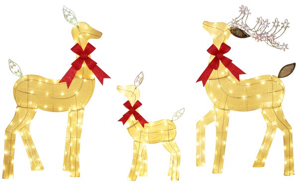 Outsunny Set di 3 Pezzi Decorazione Natalizia Impermeabile, Famiglia di Renne con Illuminazione LED e Fiocco Rosso, in Acciaio e Poliestere, Giallo | Aosom Italy