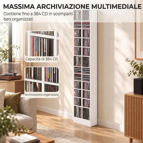 HOMCOM Mobile Porta CD da 384 Dischi, Scaffale DVD a 12 Livelli con 24 Scomparti, Bianco | Aosom Italy