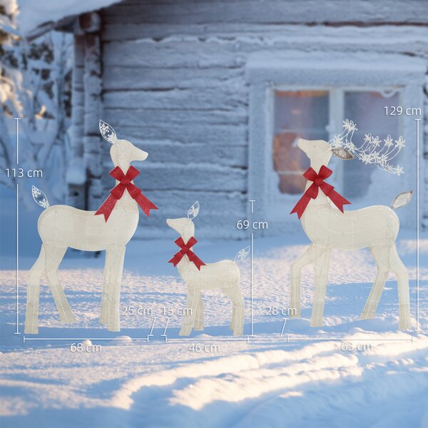 Outsunny Set di 3 Pezzi Decorazione Natalizia Impermeabile, Famiglia di Renne con Illuminazione LED e Fiocco Rosso, in Acciaio e Poliestere, Giallo | Aosom Italy