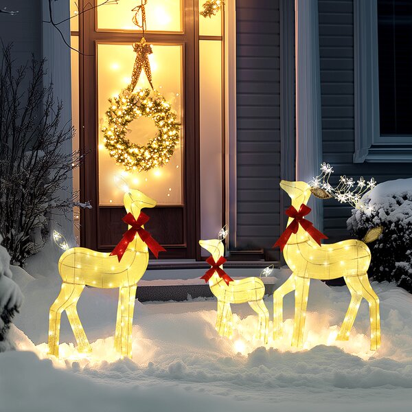 Outsunny Set di 3 Pezzi Decorazione Natalizia Impermeabile, Famiglia di Renne con Illuminazione LED e Fiocco Rosso, in Acciaio e Poliestere, Giallo | Aosom Italy