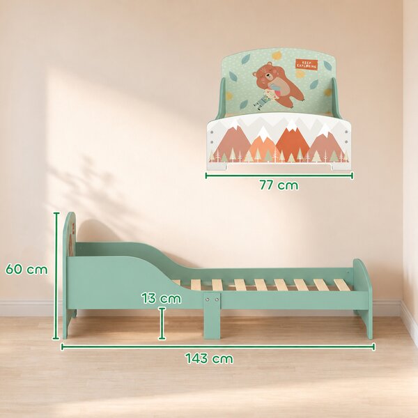 ZONEKIZ Letto per Bambini 3-6 Anni con Bordi Rialzati, Doghe e Fantasia con Animali, 140x70 cm, Verde