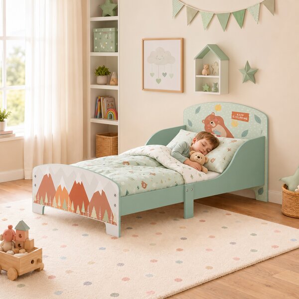 ZONEKIZ Letto per Bambini 3-6 Anni con Bordi Rialzati, Doghe e Fantasia con Animali, 140x70 cm, Verde