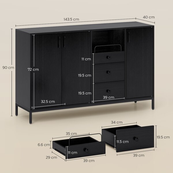 HOMCOM Credenza da Soggiorno con 3 Ante, 3 Cassetti e Ripiani Regolabili, per Cucina e Ingresso, 143,5x40x90 cm, Nero | Aosom Italy