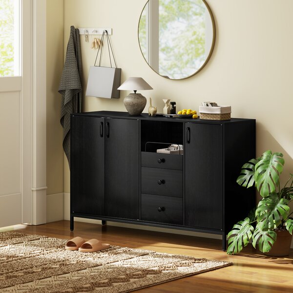 HOMCOM Credenza da Soggiorno con 3 Ante, 3 Cassetti e Ripiani Regolabili, per Cucina e Ingresso, 143,5x40x90 cm, Nero | Aosom Italy