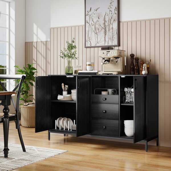 HOMCOM Credenza da Soggiorno con 3 Ante, 3 Cassetti e Ripiani Regolabili, per Cucina e Ingresso, 143,5x40x90 cm, Nero | Aosom Italy