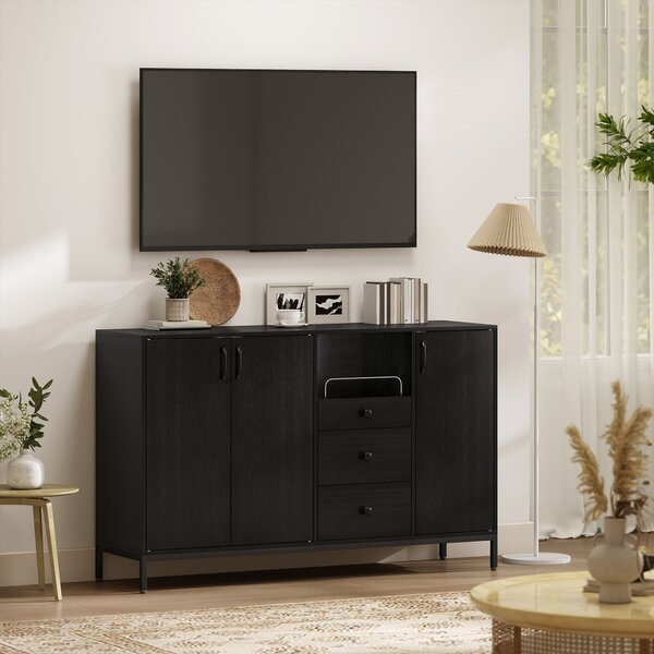 HOMCOM Credenza da Soggiorno con 3 Ante, 3 Cassetti e Ripiani Regolabili, per Cucina e Ingresso, 143,5x40x90 cm, Nero | Aosom Italy
