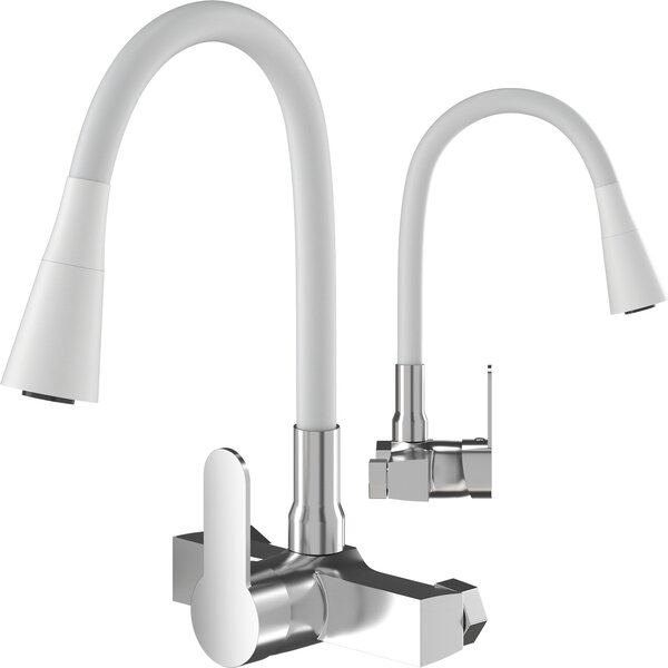 Granitan | FLEXO - Rubinetto da cucina - Bocca flessibile - Montaggio a parete - Bianco - Ottone