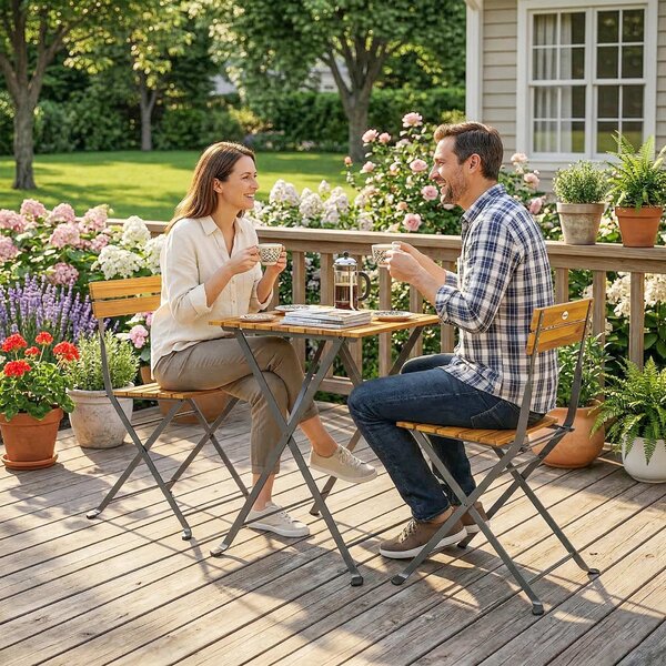 Outsunny Set 3 Pezzi da Pranzo per 2 Persone, Tavolo Pieghevole con 2 Sedie Pieghevoli, per Terrazza e Balcone, Teak | Aosom Italy