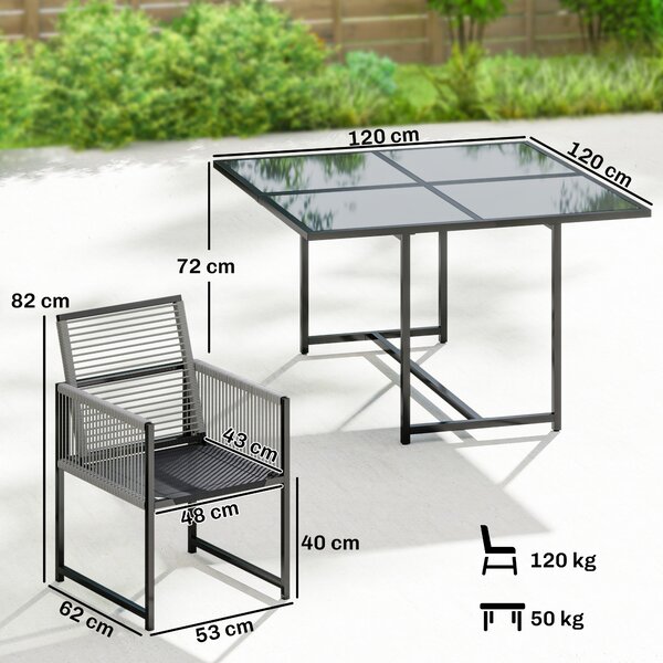 Outsunny Set di 5 Pezzi Mobili da Giardino, Tavolo in Vetro con 4 Sedie Traspiranti, Schienale Pieghevole Intreccio a Corda, Grigio Chiaro | Aosom Italy
