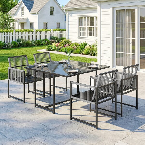 Outsunny Set di 5 Pezzi Mobili da Giardino, Tavolo in Vetro con 4 Sedie Traspiranti, Schienale Pieghevole Intreccio a Corda, Grigio Chiaro | Aosom Italy