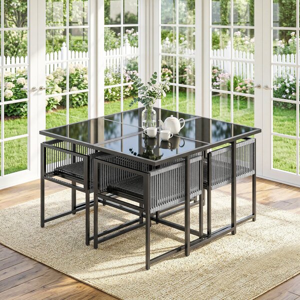 Outsunny Set di 5 Pezzi Mobili da Giardino, Tavolo in Vetro con 4 Sedie Traspiranti, Schienale Pieghevole Intreccio a Corda, Grigio Chiaro | Aosom Italy