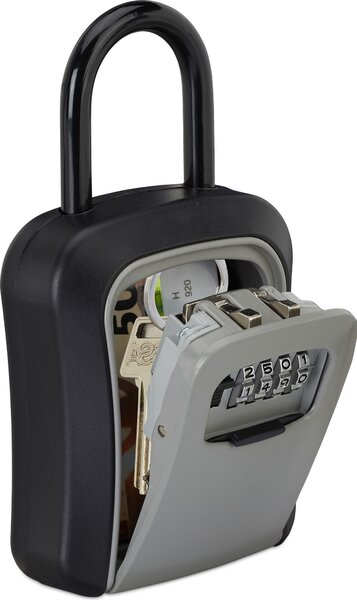 Cassetta di sicurezza per chiavi, codice numerico a 4 cifre, gancio per appendere, per esterni, A x L x P 17,5 x 9,5 x 4 cm, nero/grigio
